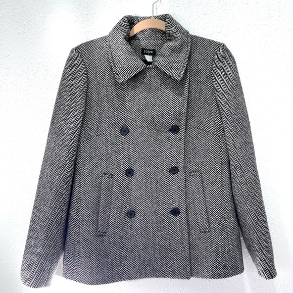 J. Crew Monochrome Herringbone Pea Coat - Picture 1 of 8